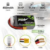4×Ovonic 450mah 3S 11.1V 80C Lipo Battery Pack with XT30 Plug for 80-130mm FPV